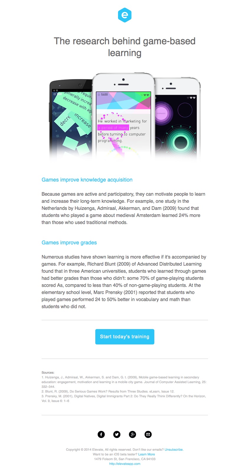 Elevate's email about game-based learning research