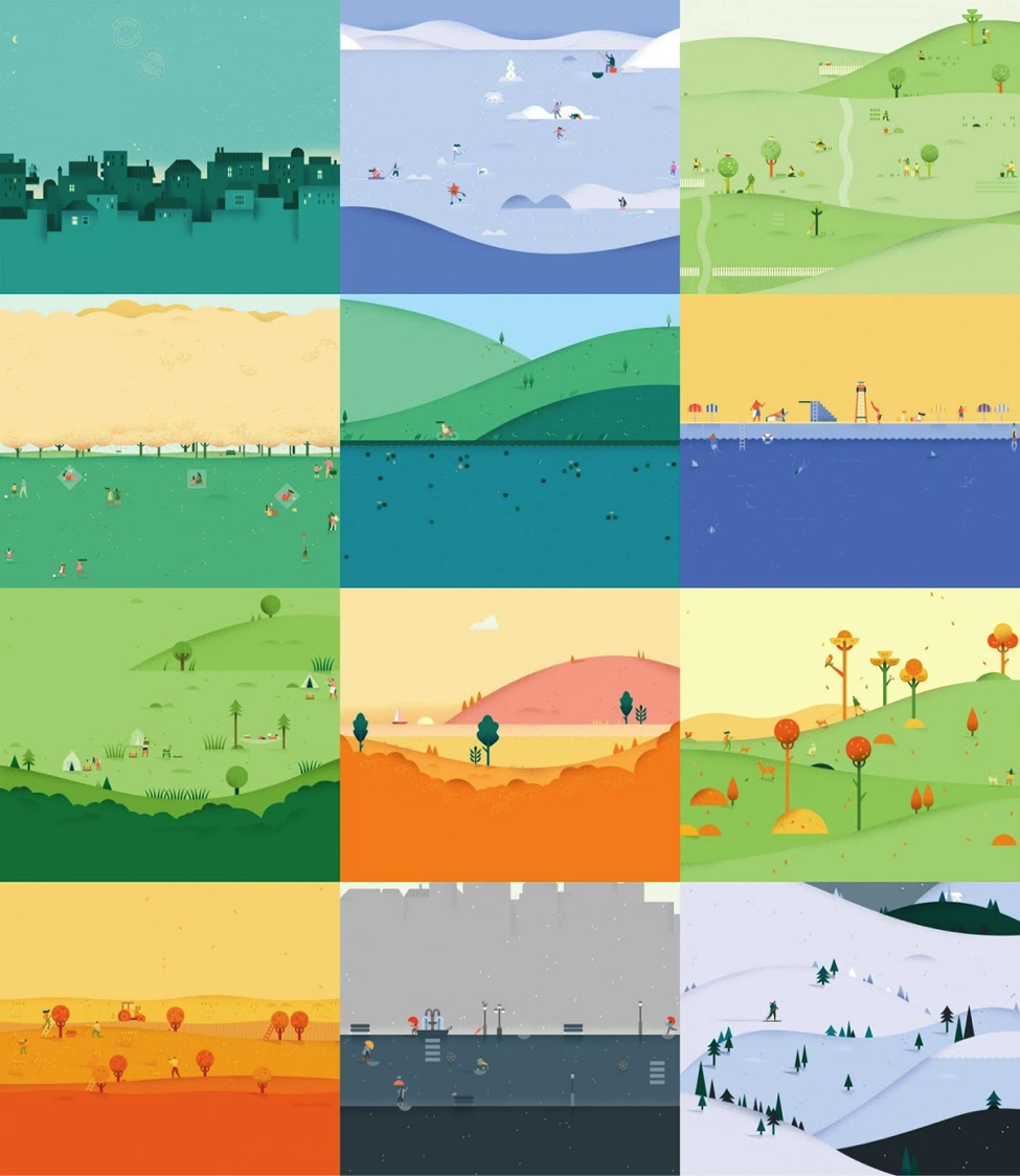 Grid of 12 month view illustrations for Google Calendar: January with night skyline, February with snow scene, March with village and green trees, April with white flowering tres, May with lake and grass, June with a sea-side scene, July with a green farm scene, August with a sunset scene, September with a park scene, October with orange trees scene, November with umbrellas and rain, and December with snowy village.