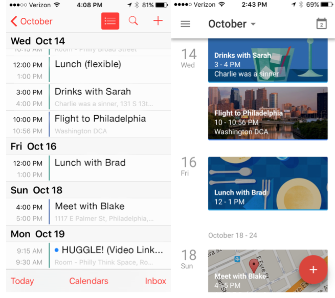 Apple and Google calendars, mobile view