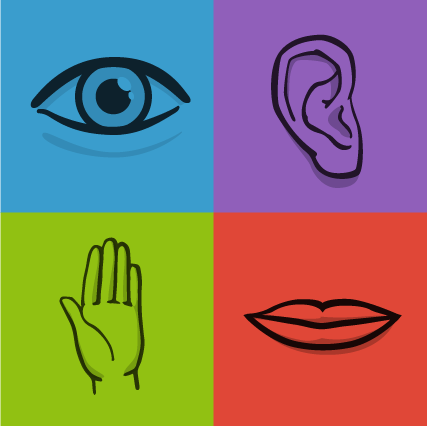 Graphic of an eye, ear, hand, and mouth