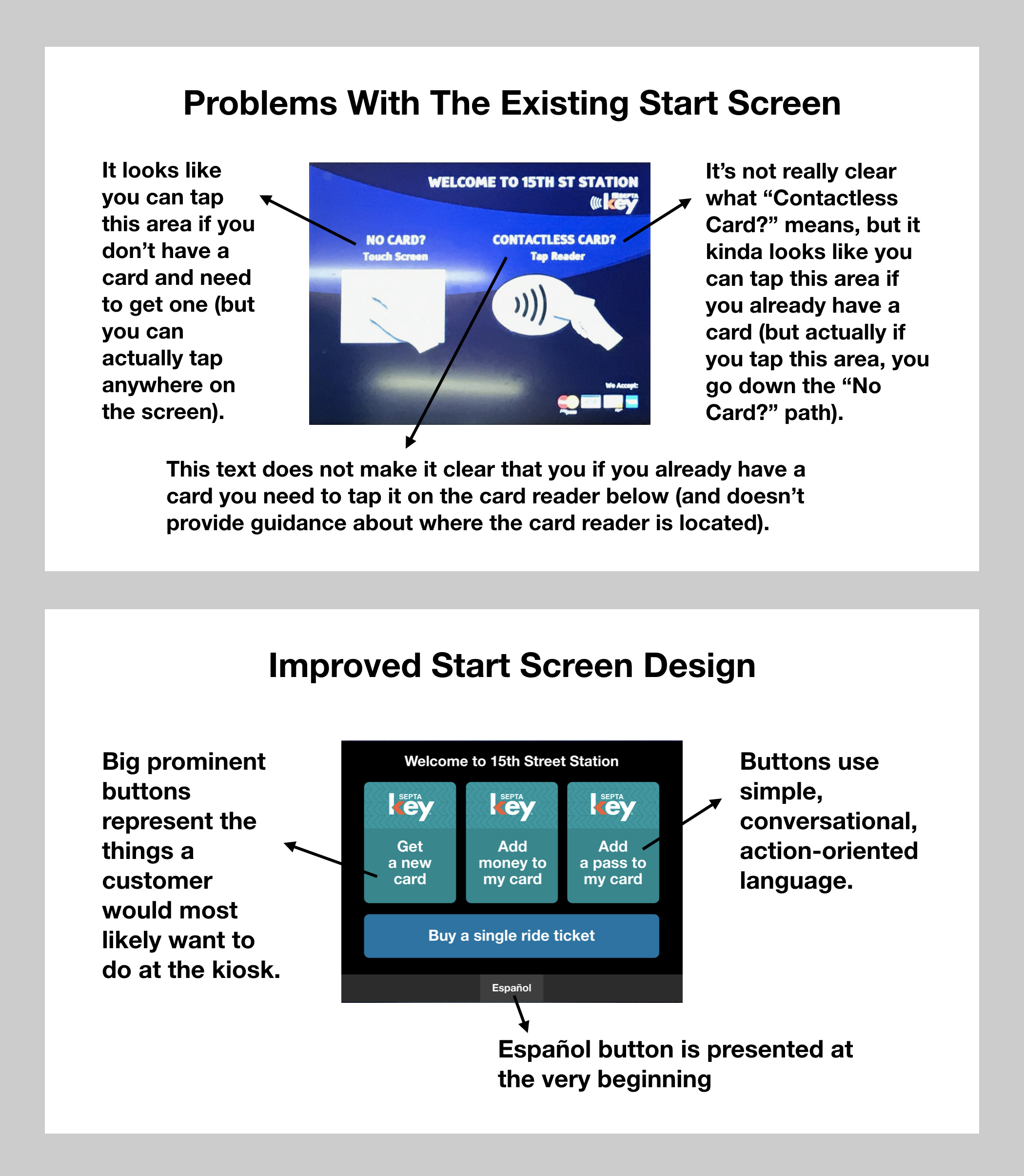 Here’s a comparison between the problematic existing start screen and our improved start screen design.