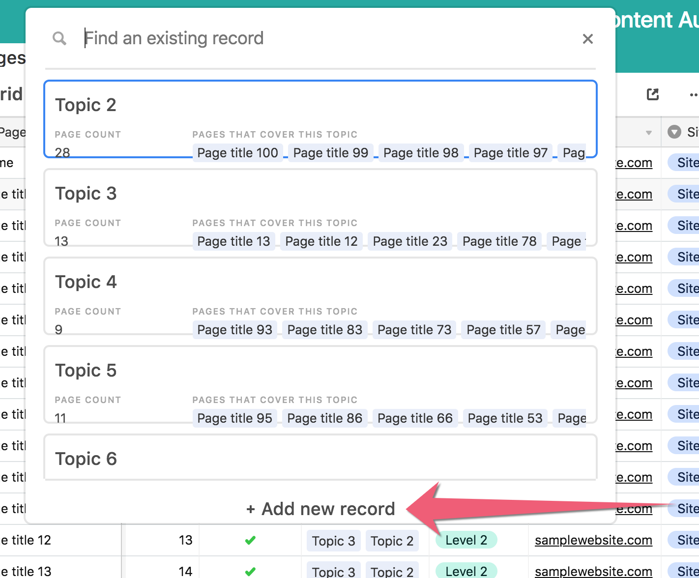 A screenshot of the Airtable template showing where to click “Add new record” when connecting one record to another.