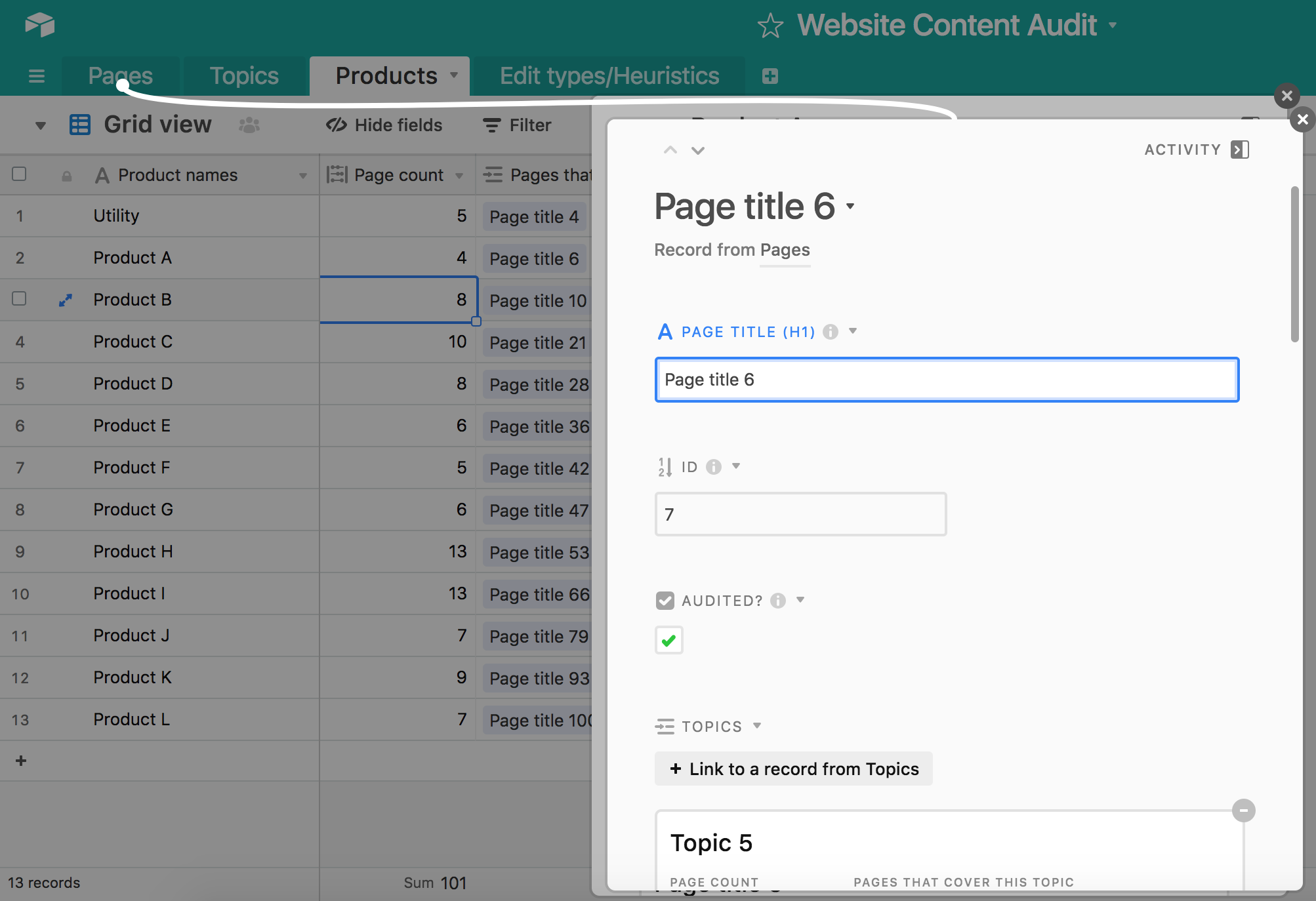 A screenshot of the Airtable template showing the expanded record for a linked record.