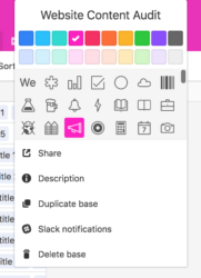 A screenshot of the dropdown options for naming and customizing an Airtable base.