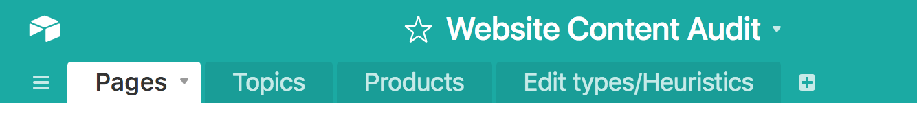 A screenshot of the top of the template, showing the base name, “Website Content Audit,” and four tabs that say “Pages,” “Topics,” “Products,” and “Edit types/Heuristics.”