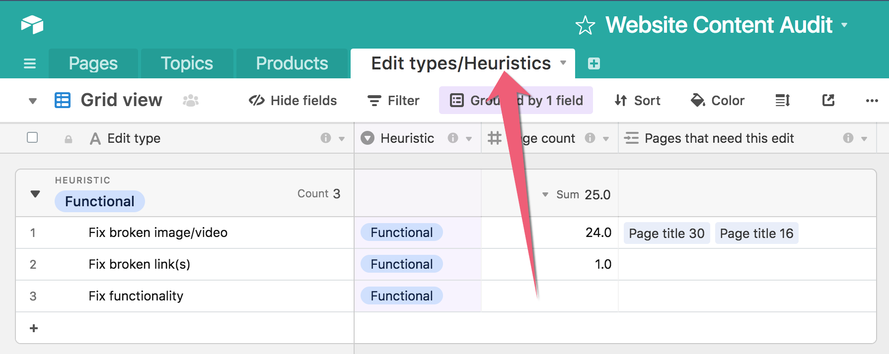 A screenshot of the Airtable template pointing out the “Edit types/Heuristics” tab.