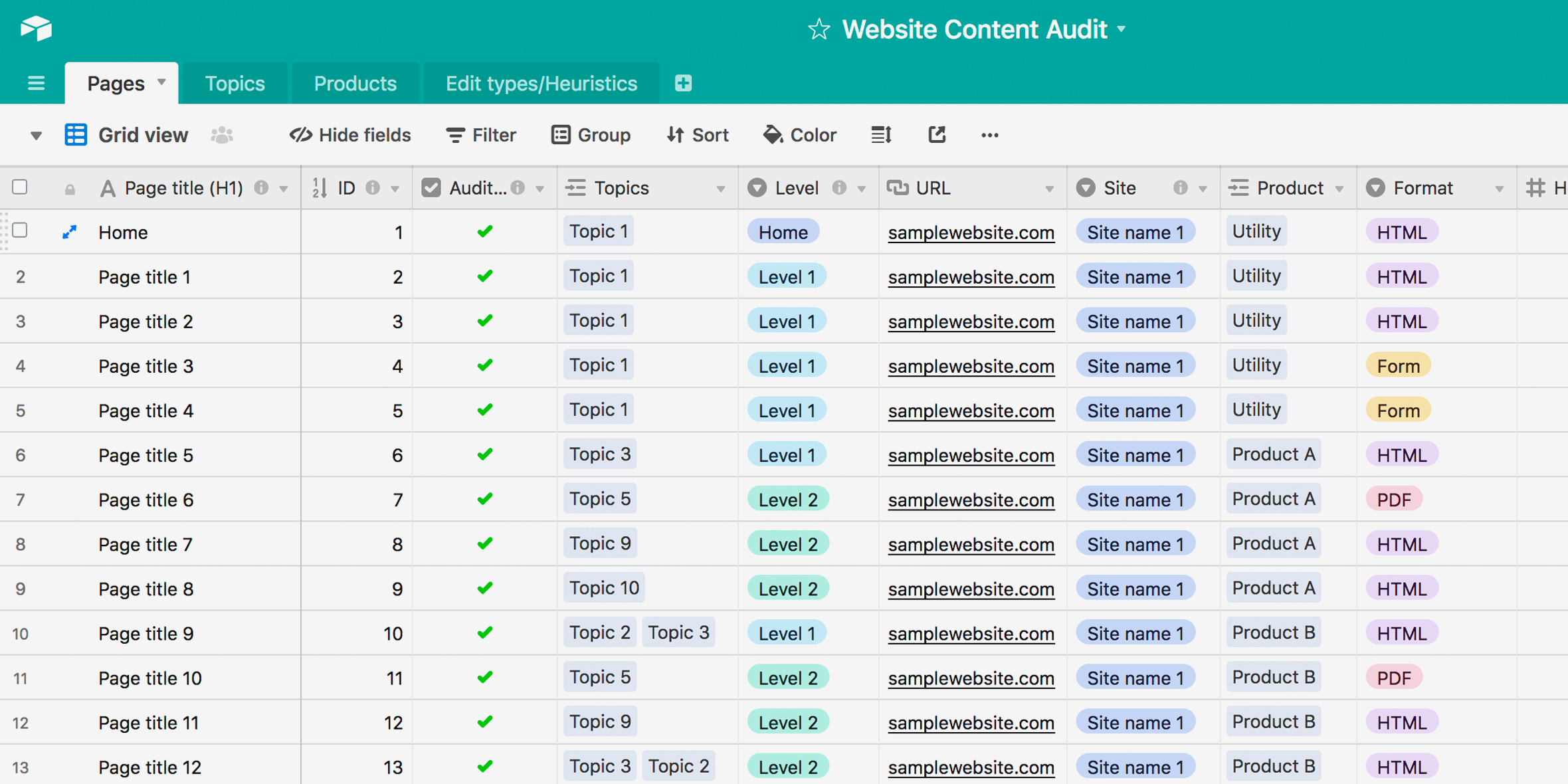 Screenshot of content audit in Airtable