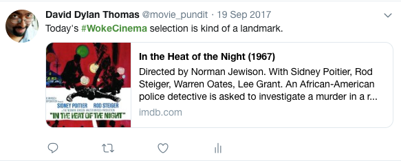 Screenshot of a tweet by Dave Thomas recommending the movie "In the Heat of the Night."