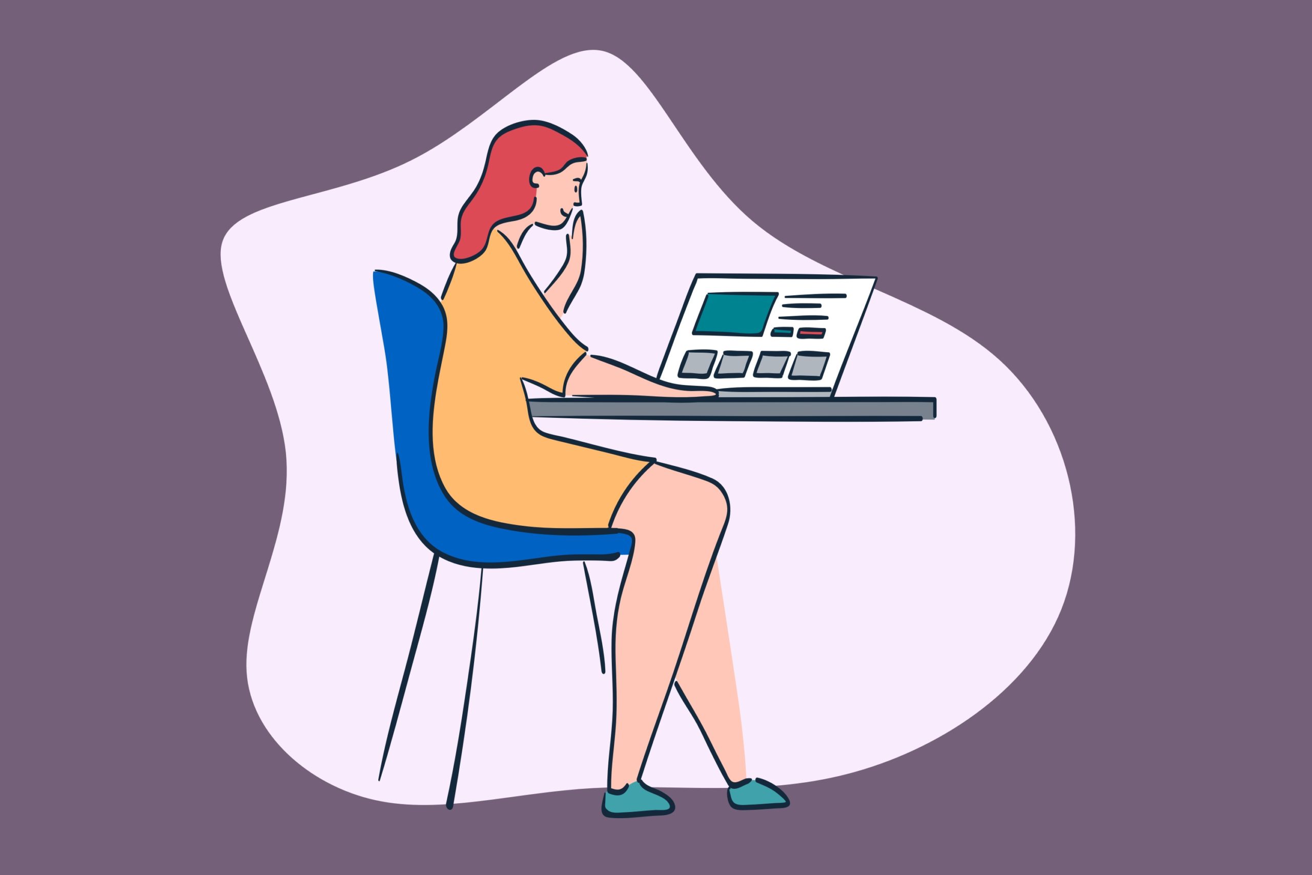 Illustration of woman sitting at desk with laptop