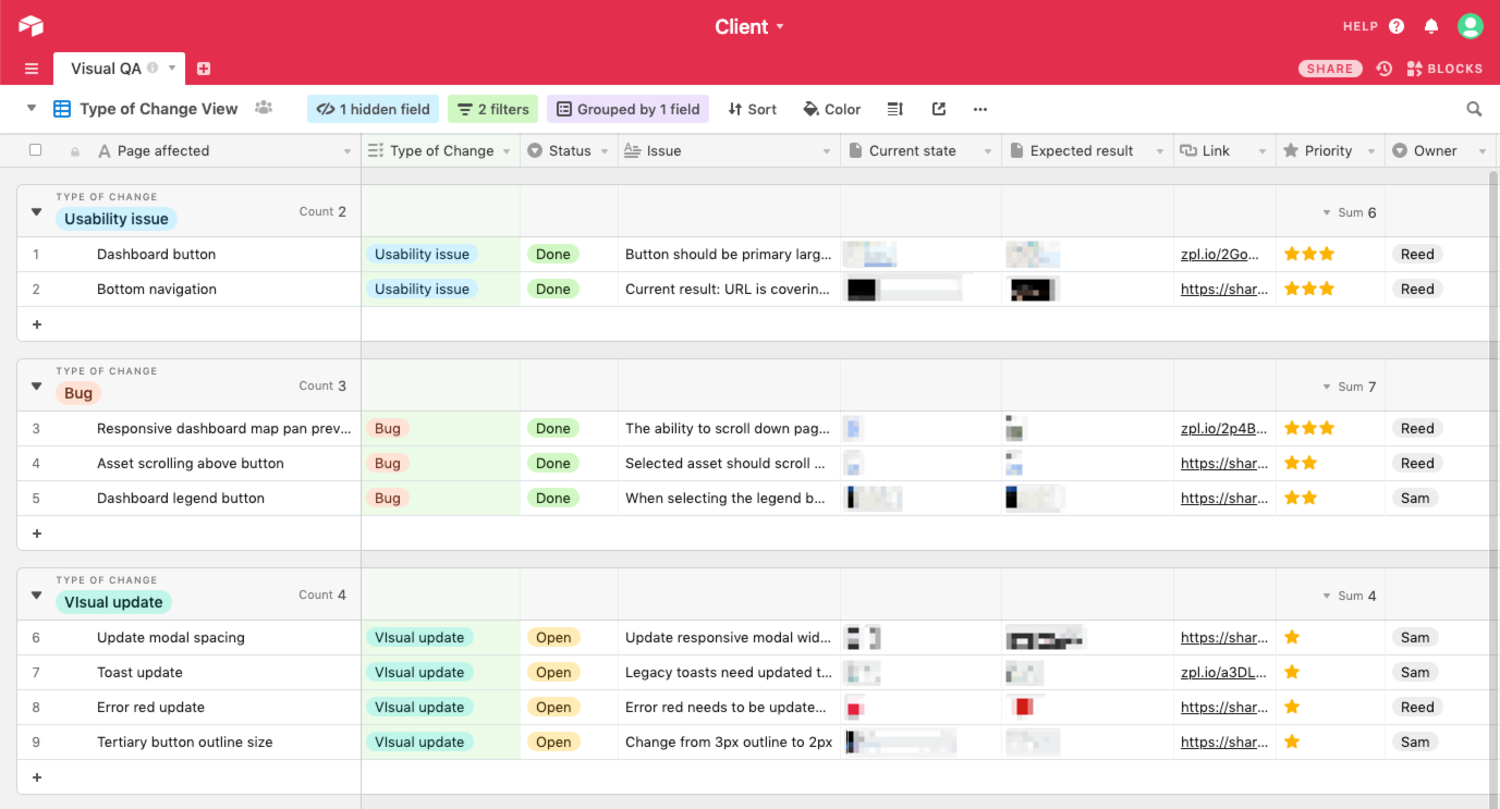 Airtable is a great tool to organize feedback, compare various content types, store image assets, assign priority and collaborate with teammates.