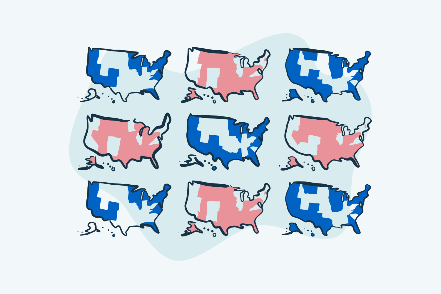 A blue-red visualization of election results on many different US maps