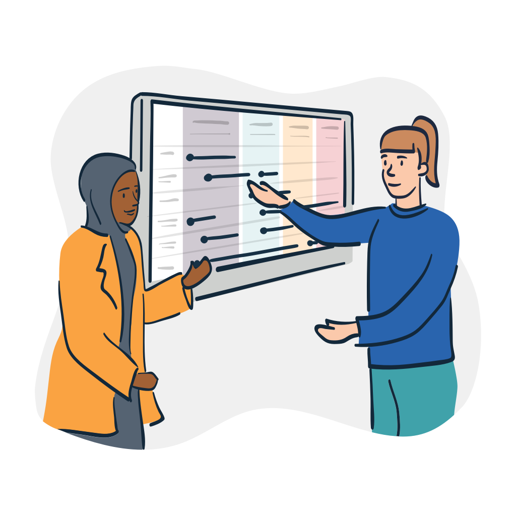 illustration of two people standing at a computer screen presenting