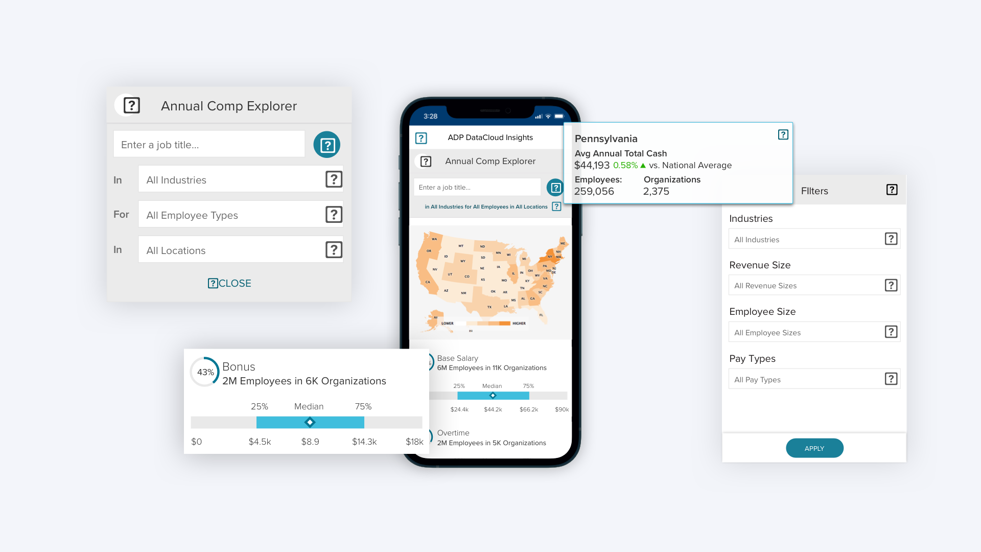 Mobile screen with pop ups focusing on HR compensation data