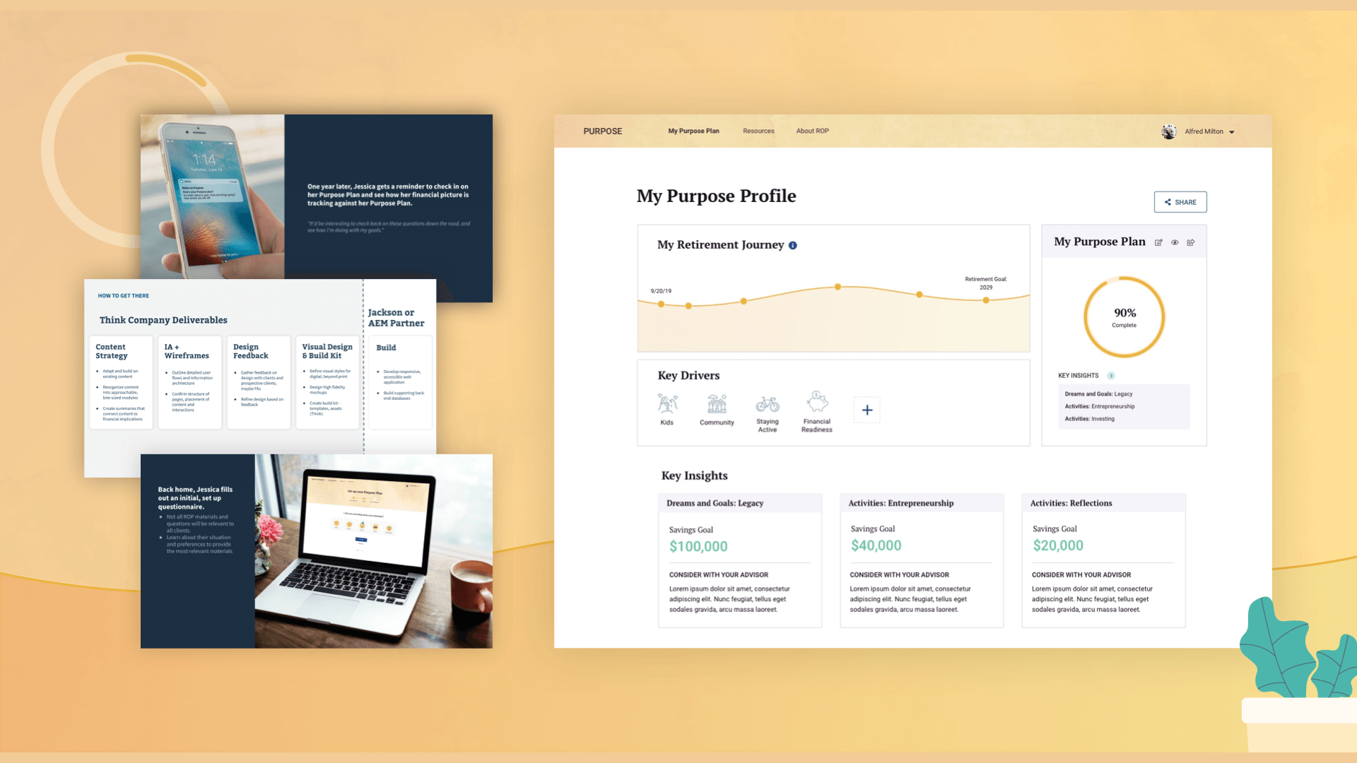 Screens showing project plans, deliverable, and a retirement planning portal