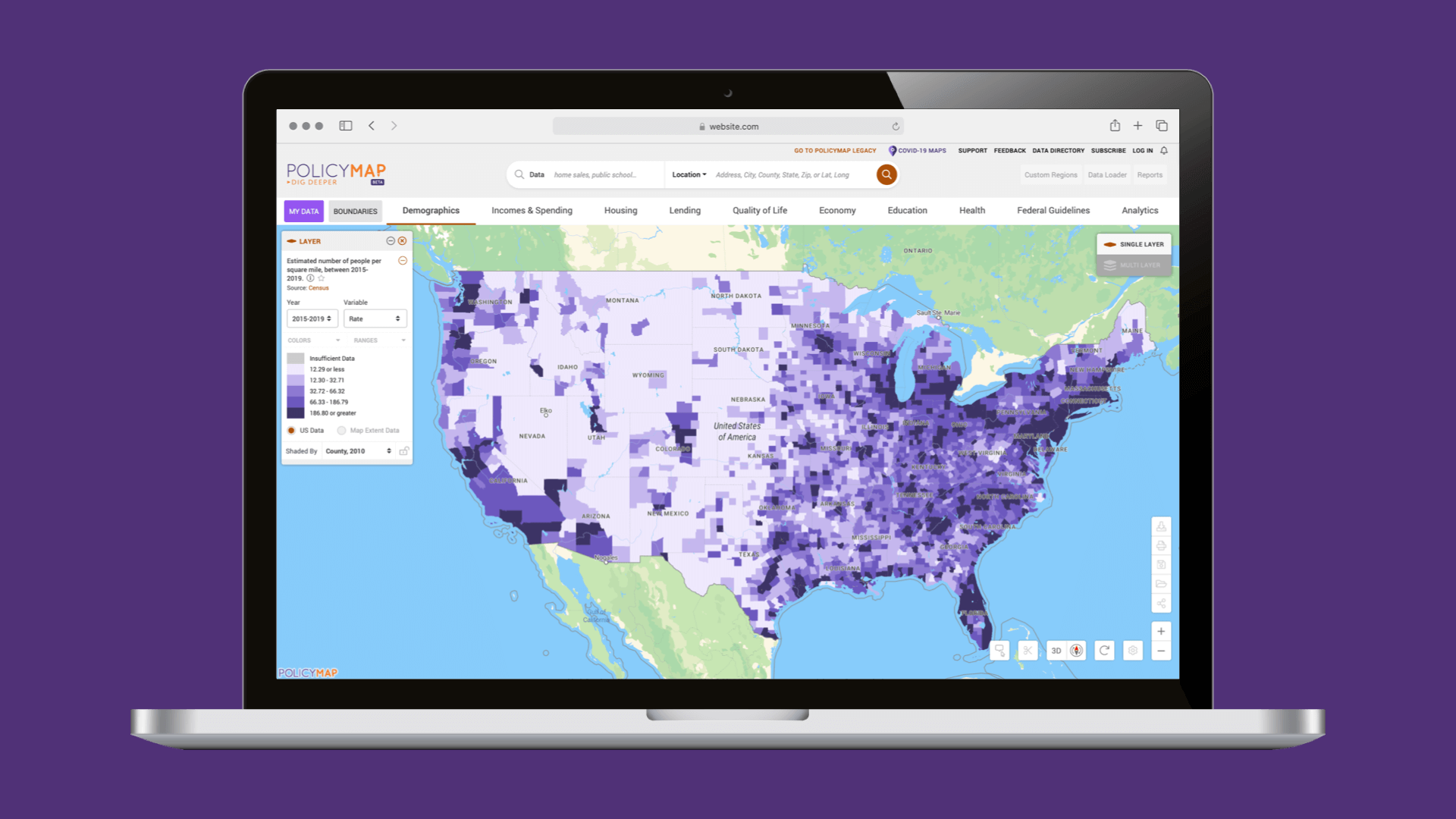 A browser window with a United State map depicting population