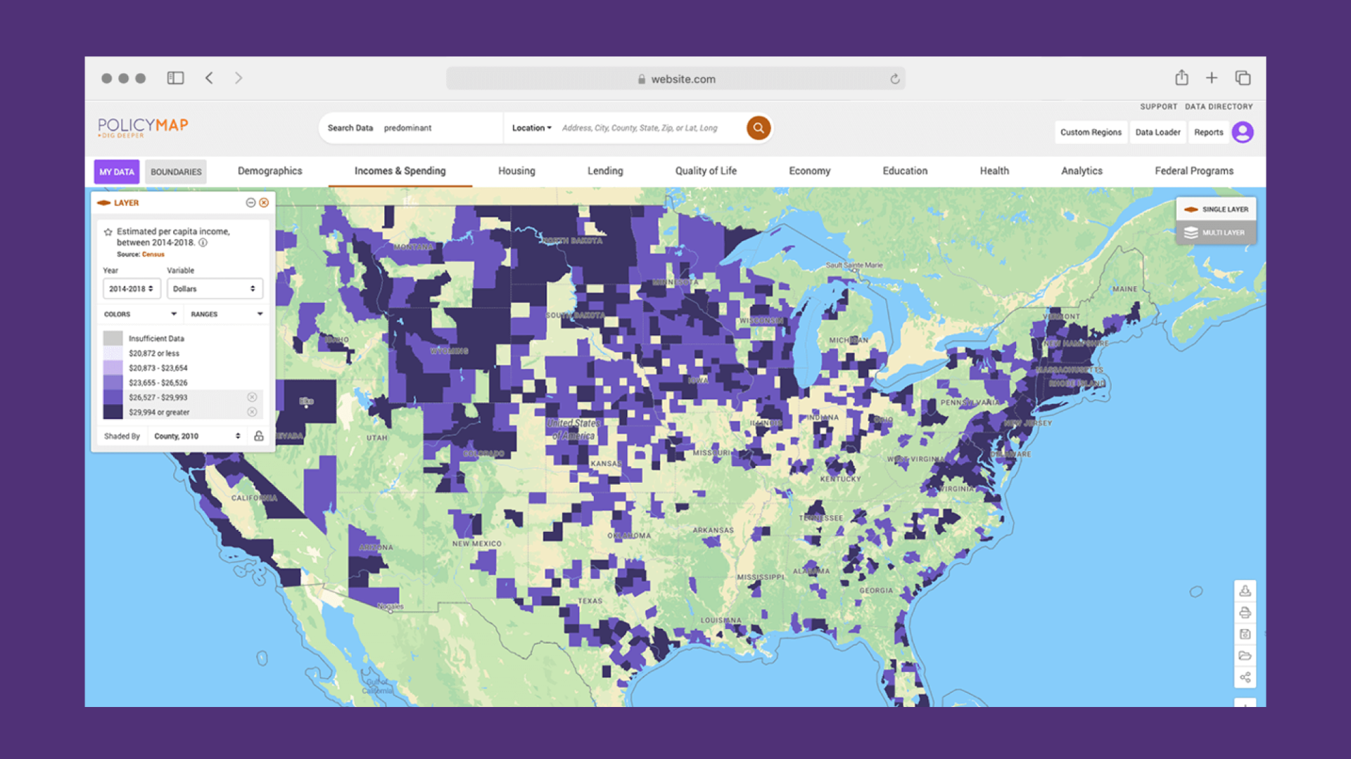 A browser window with a United State map depicting income per capita