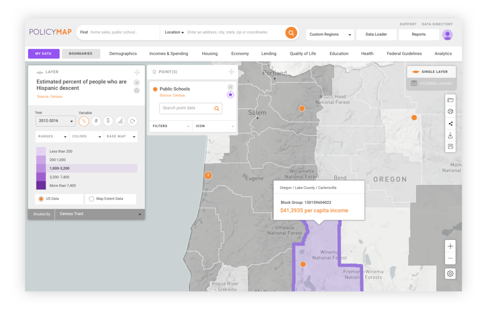 U.S. state view of mapping interface