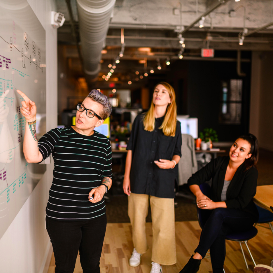 designers sketching solutions on a whiteboard