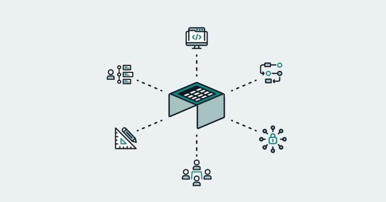 illustration icons centered around a table with a spreadsheet on it
