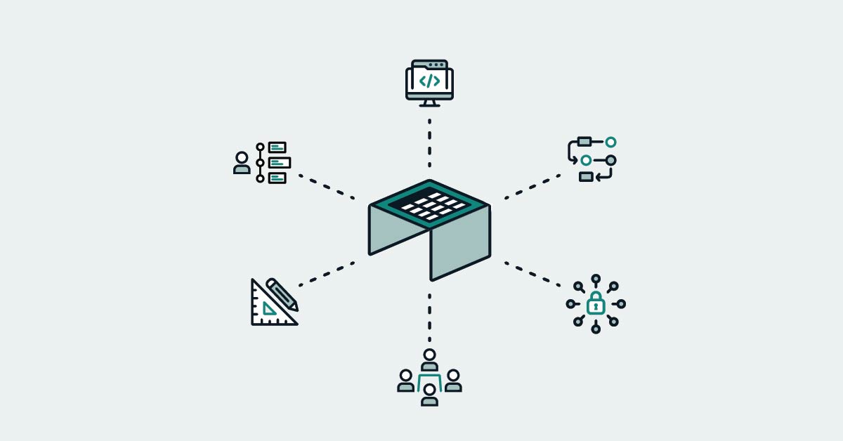 illustration icons centered around a table with a spreadsheet on it