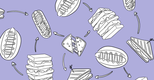 illustration of hot dogs and sandwiches with arrows to depict a content model