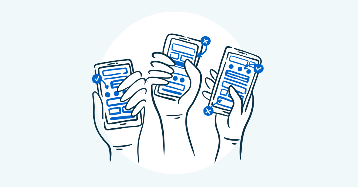 illustration of hands holding mobile phones with application dashboards