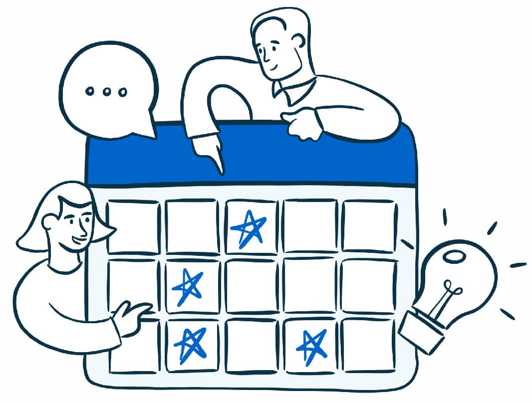 illustration with 2 people pointing at a calendar with a lightbulb and conversation bubble