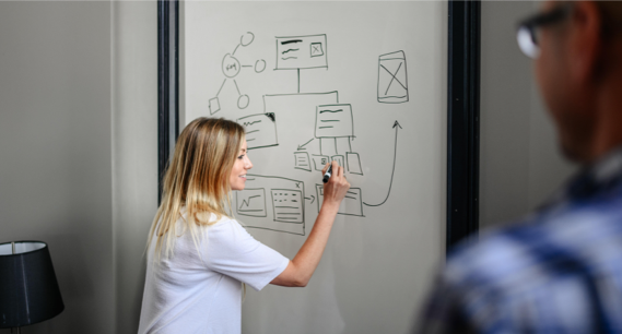 person drawing wireframes on whiteboard