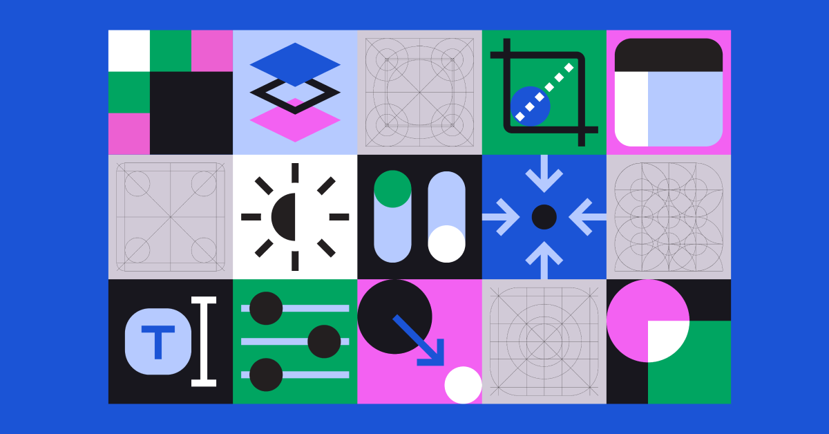 Illustrated graphic, an abstract depiction of the components that make up a design system