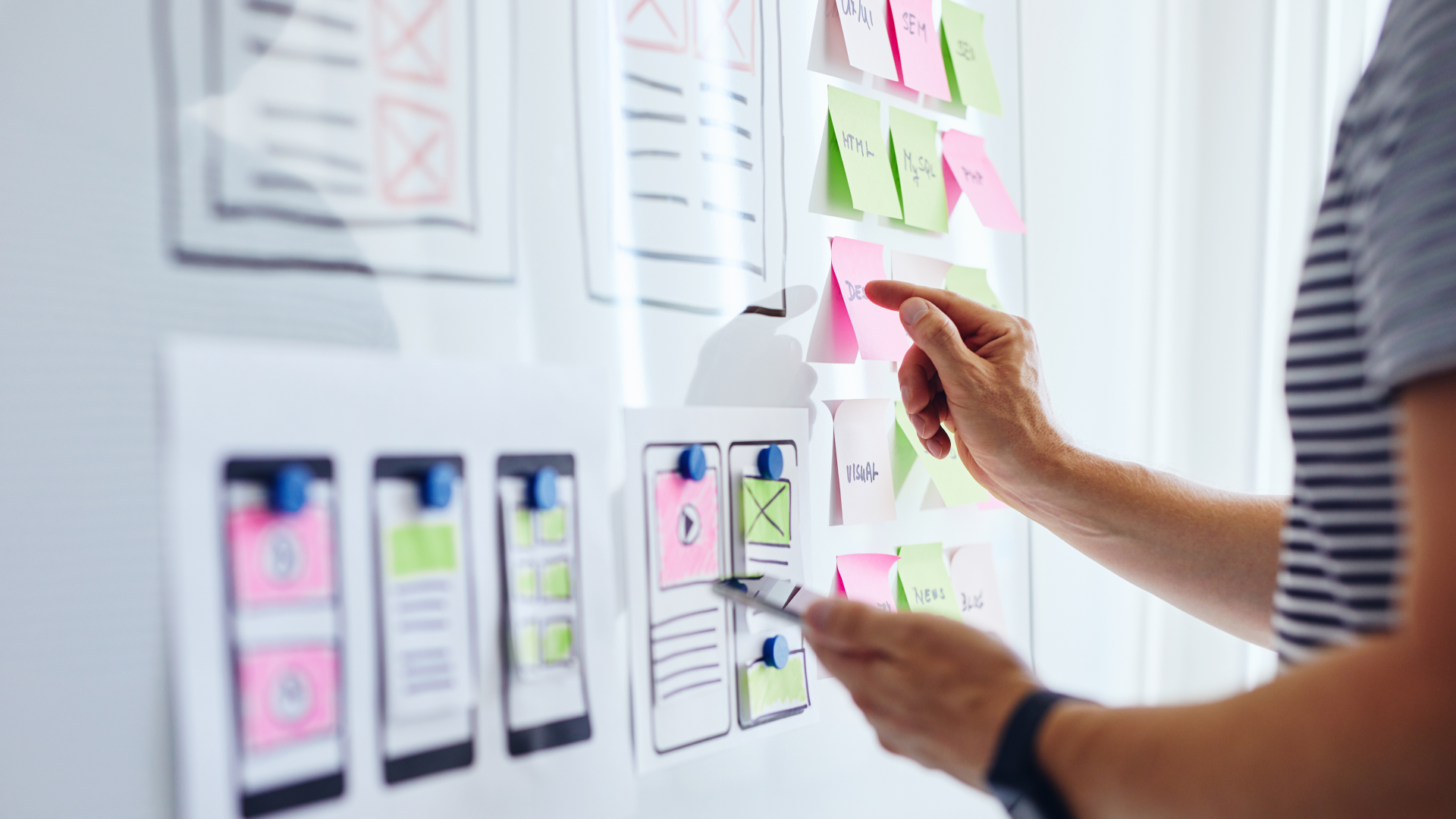 Person working on a whiteboard with post its and device imagery