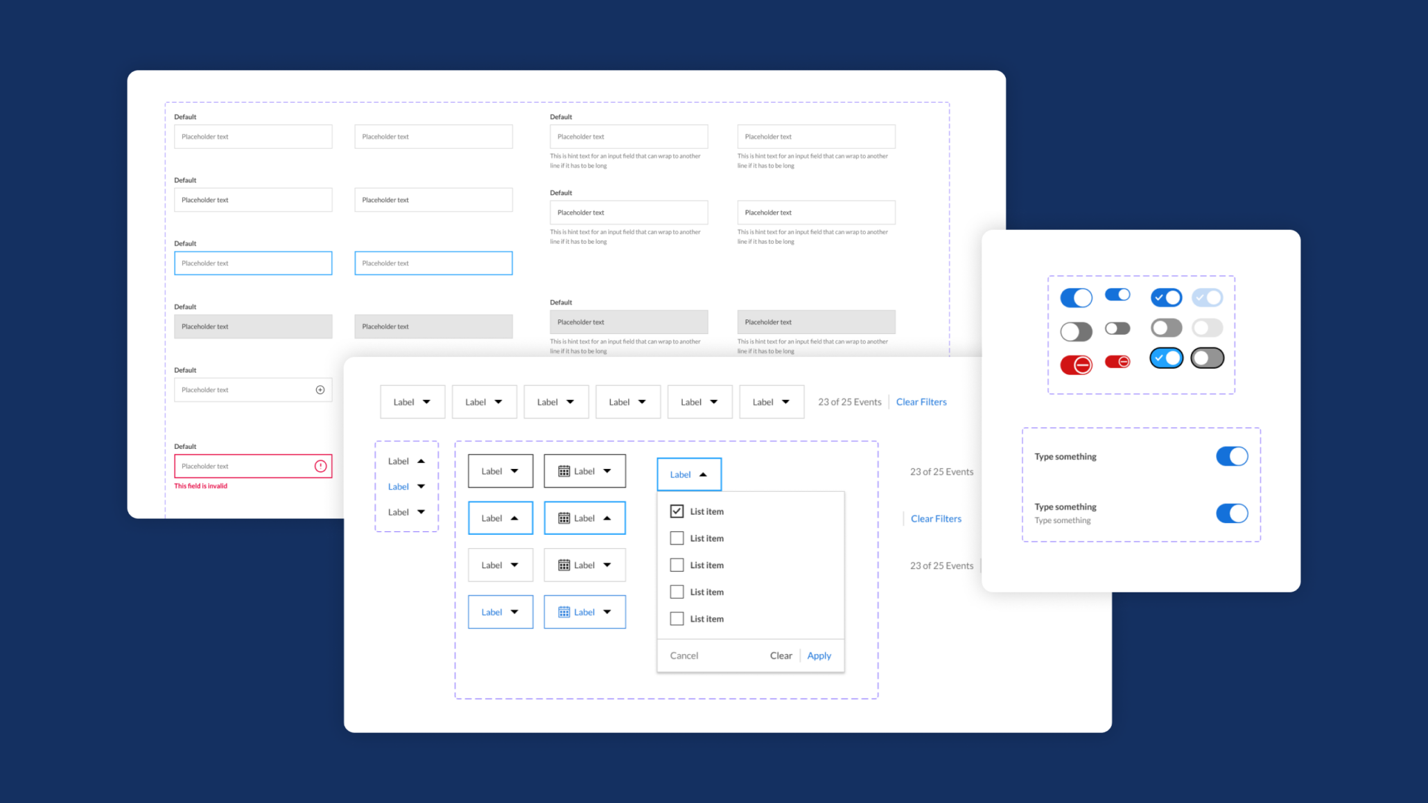 graphic with three screens showing different elements of a design system