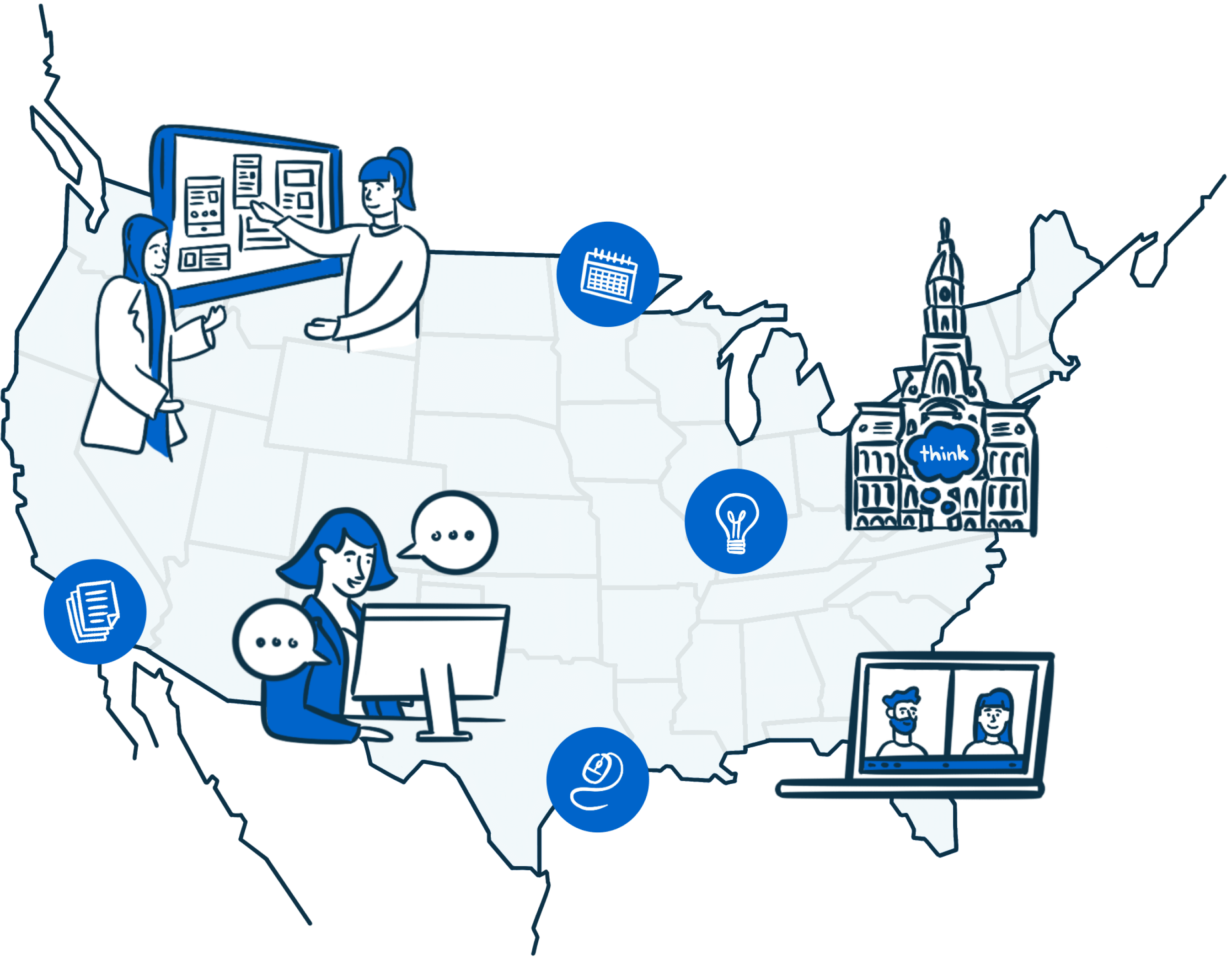 illustration of the united states of america with philly city hall and work stations