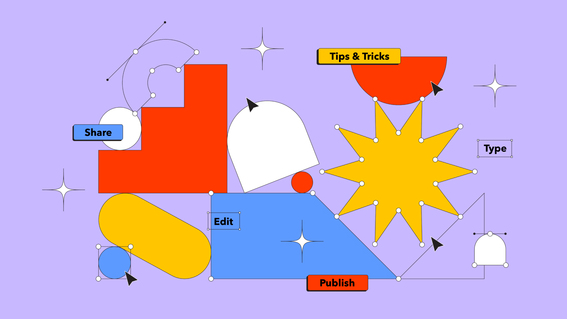 Illustrations of abstract components with cursors and tags similar to a Figma file