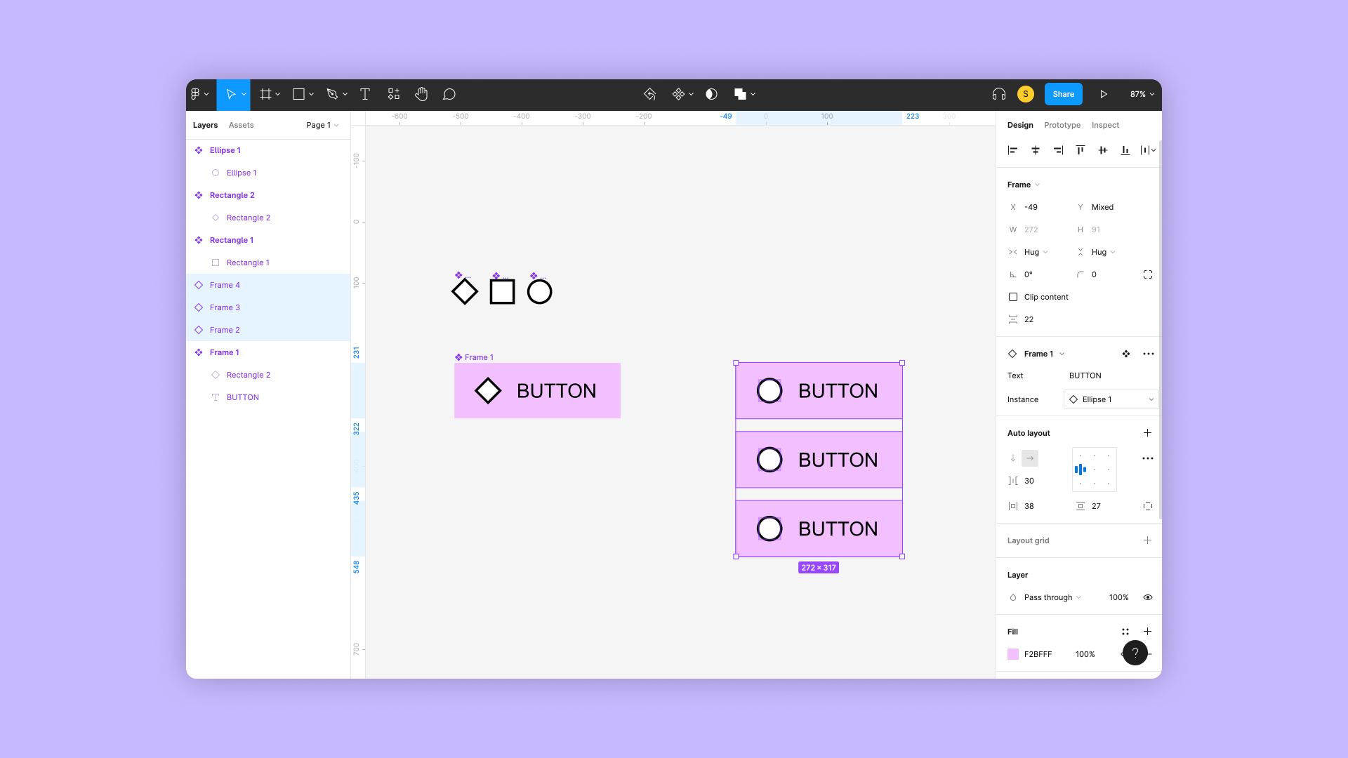 Figma screen with an example of someone swapping out component instances