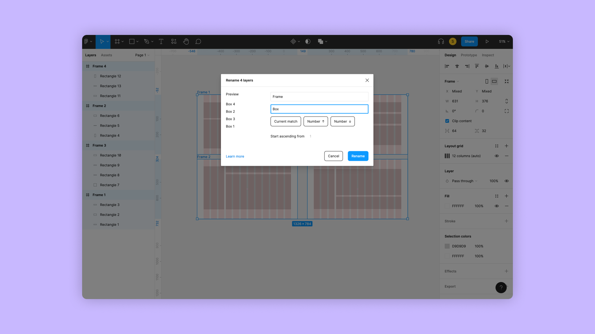 Figma screen with an example of renaming multiple layers at once