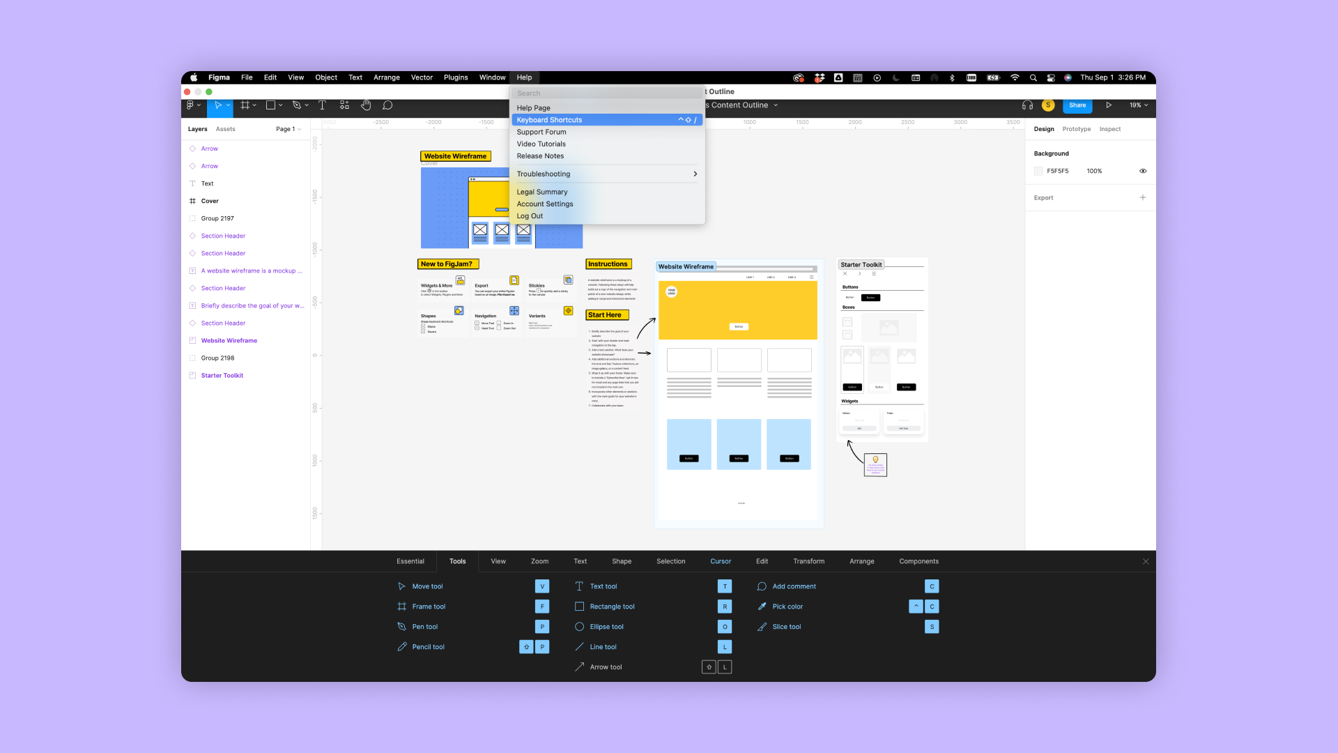 Figma screen with the help drop down open showing how to see keyboard shortcuts