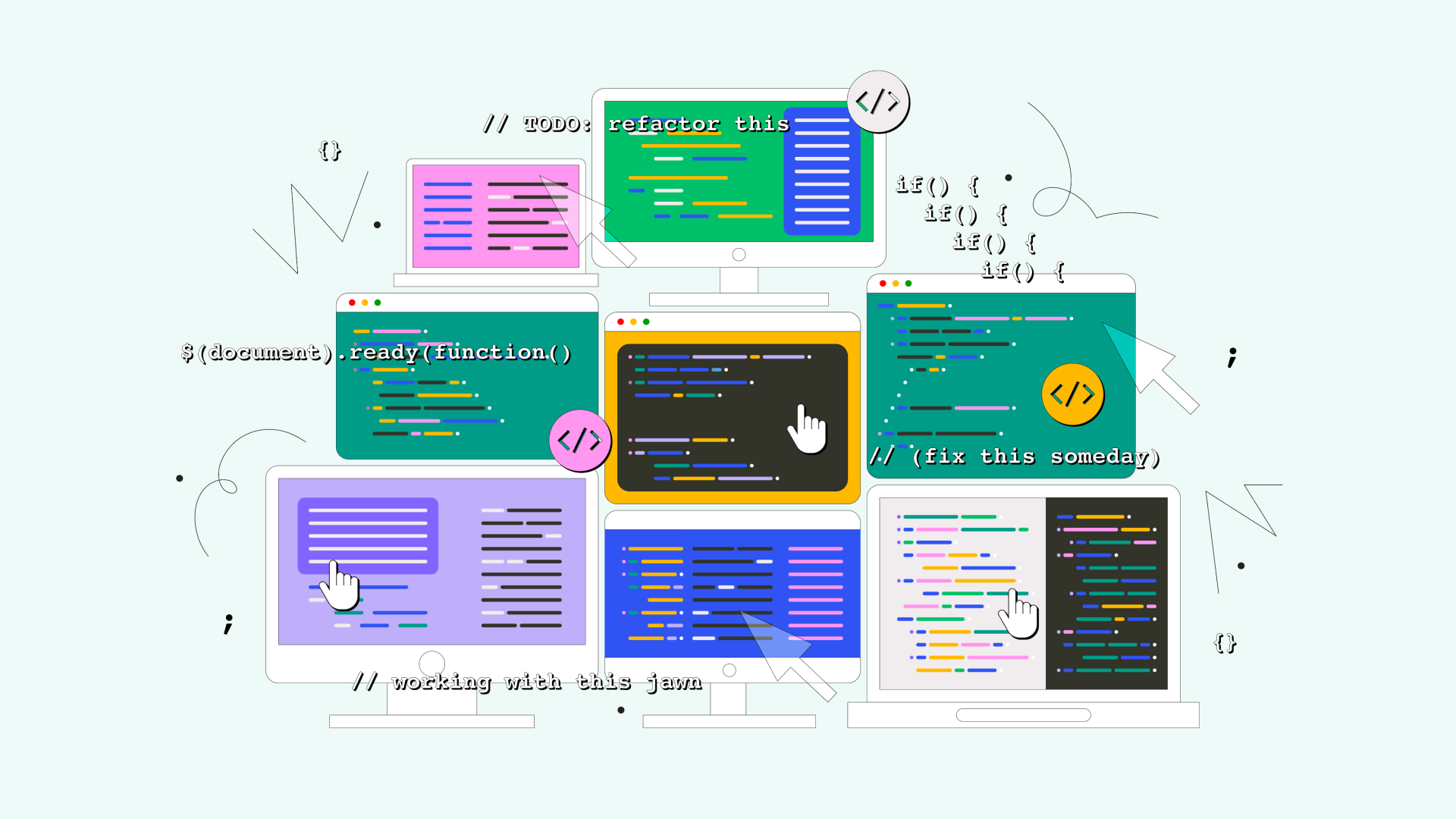 Illustration of computers with javascript code.