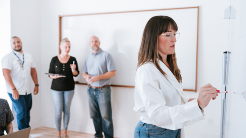 Group of people collaborating on a white board.