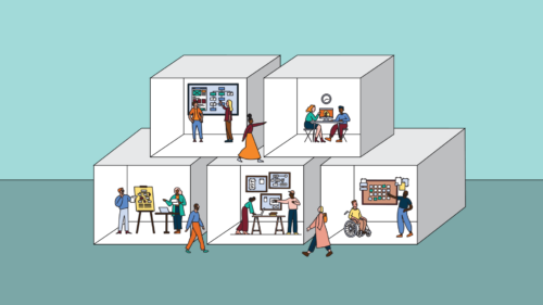 Illustration of people working in stacked pods similar to shipping containers