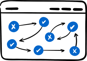 An illustration of a device screen with arrows guiding a workflow and checklists