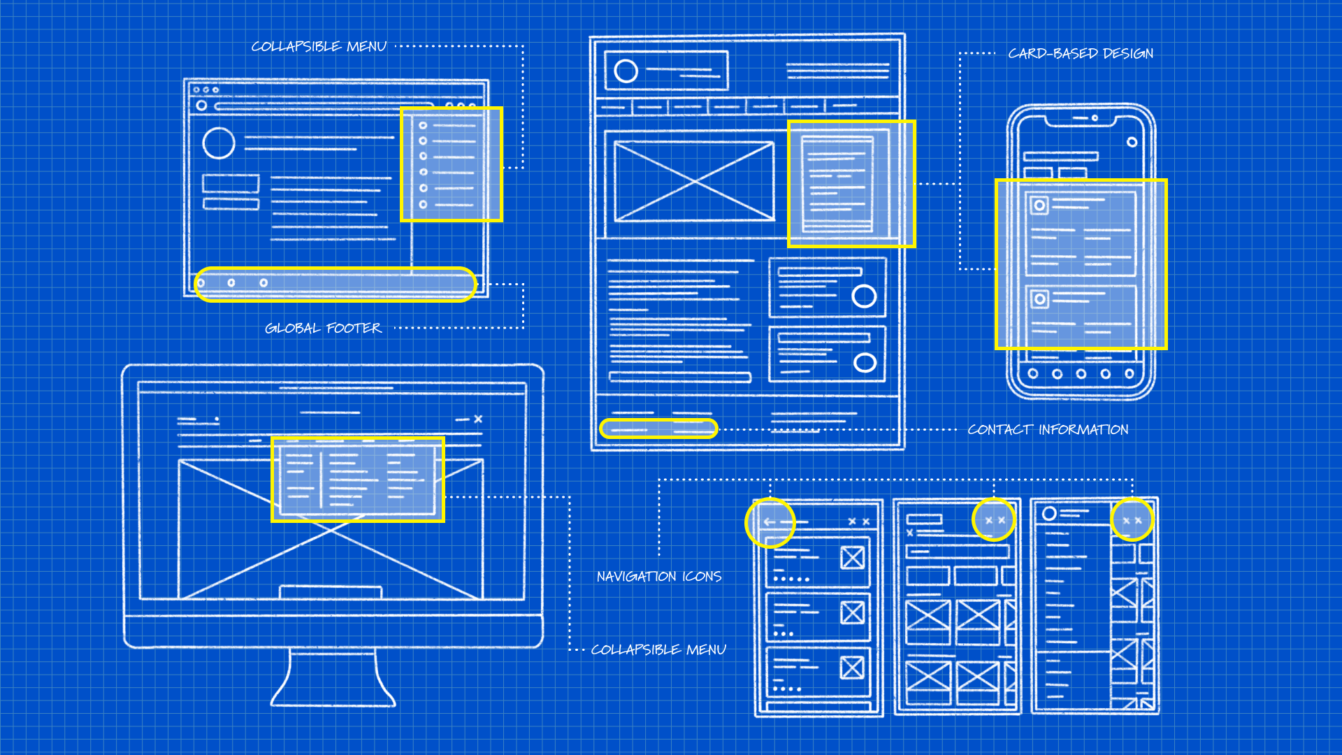 rapid prototyping Illustration in a blueprint style of different prototypes on digital devices
