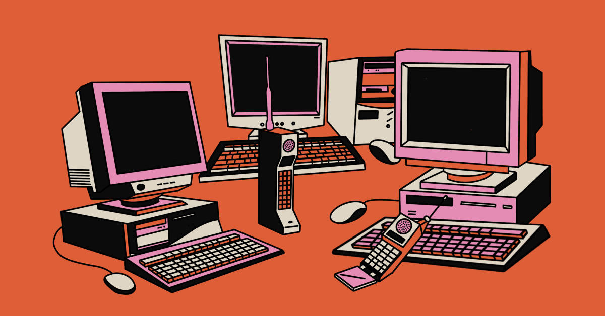 Illustration of outdated legacy computers, phones, and other technology