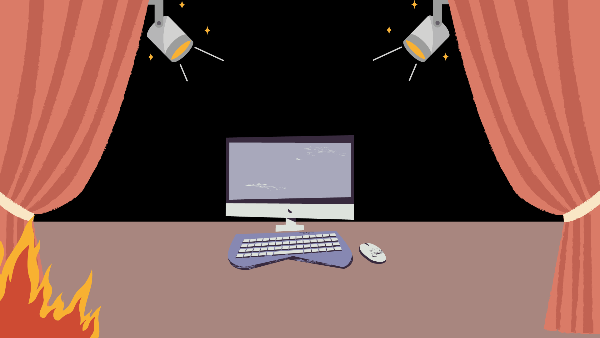 Illustration of a computer center stage with velvet curtains on fire around it
