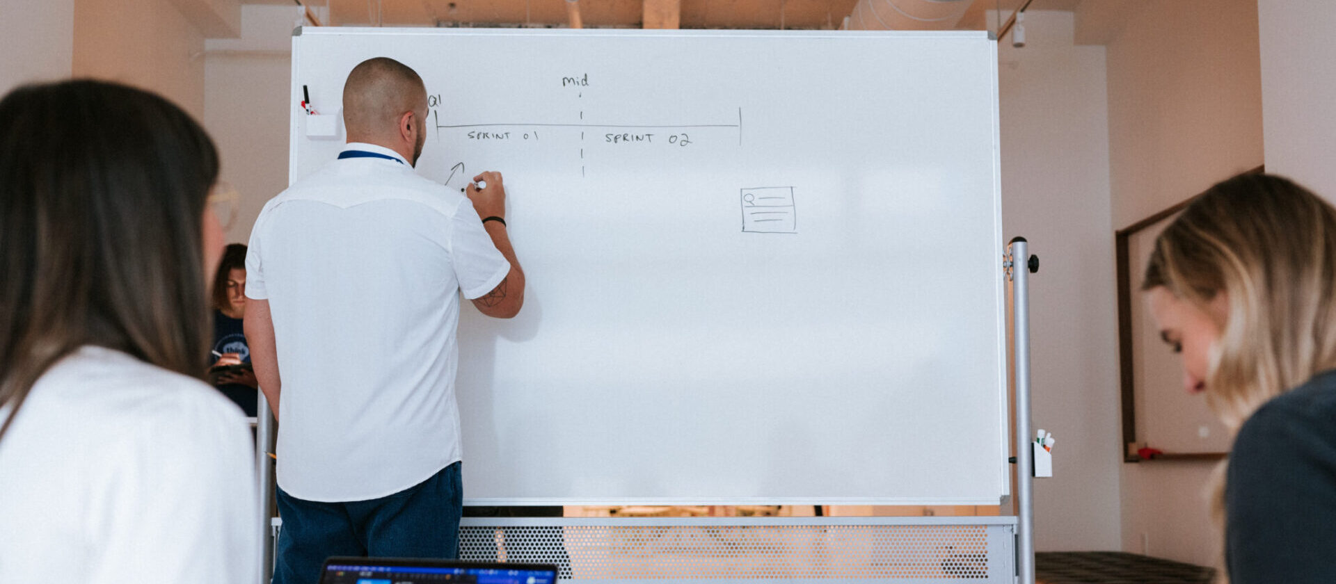 people collaborating together on a white board for program management