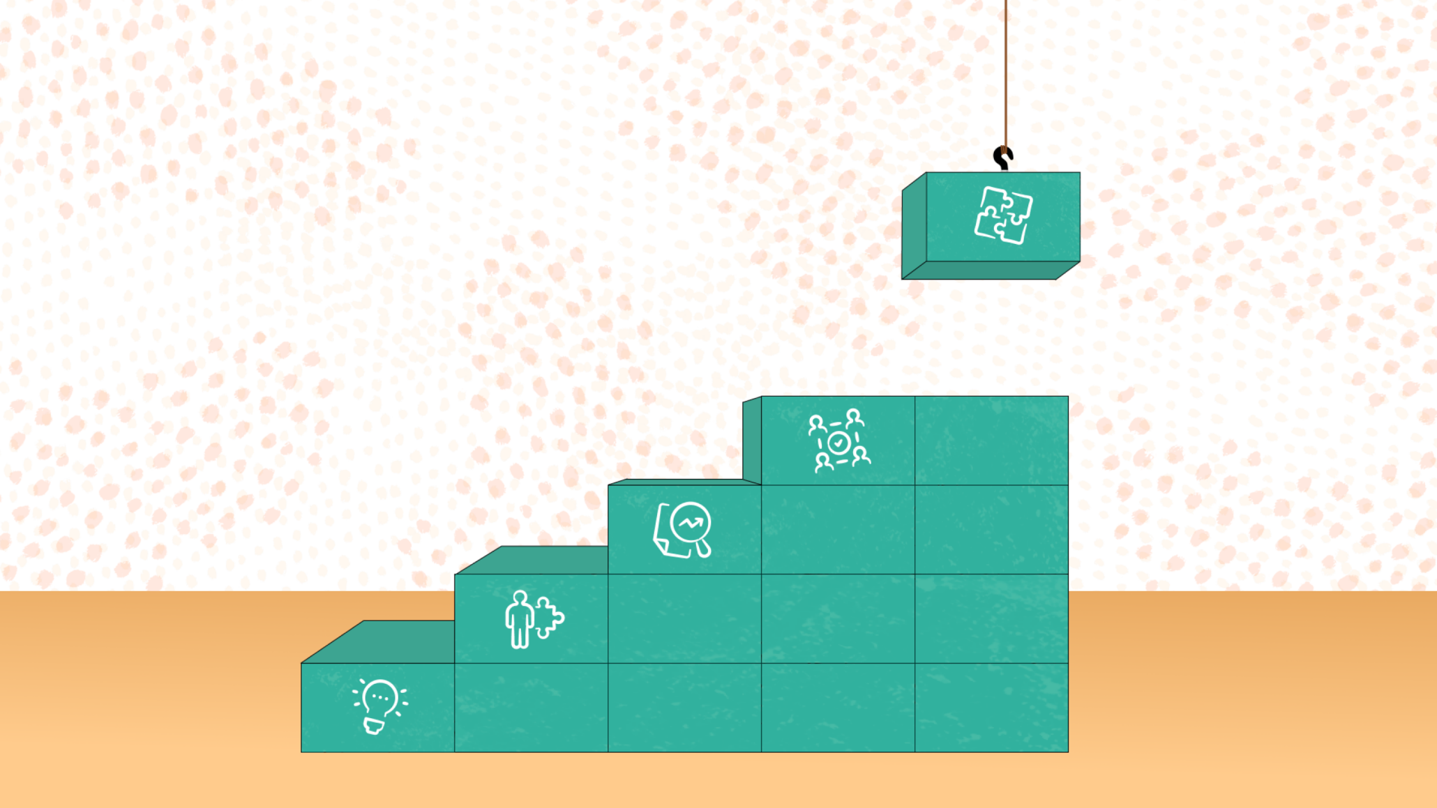 Building blocks stacked and creating a staircase with icons moving up each stair step representing research maturity phases