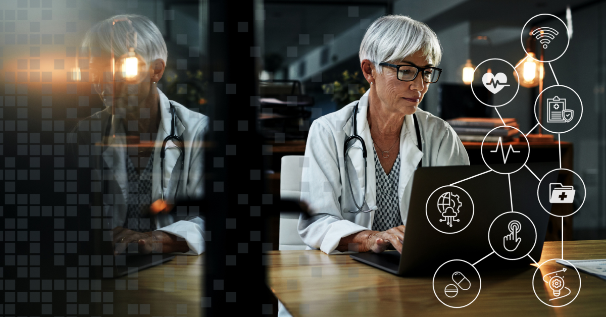 Healthcare provider working on a laptop with digital transformation icons overlaying the image