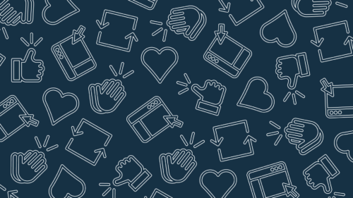 Illustration with hearts, thumbs up, and social media interfaces