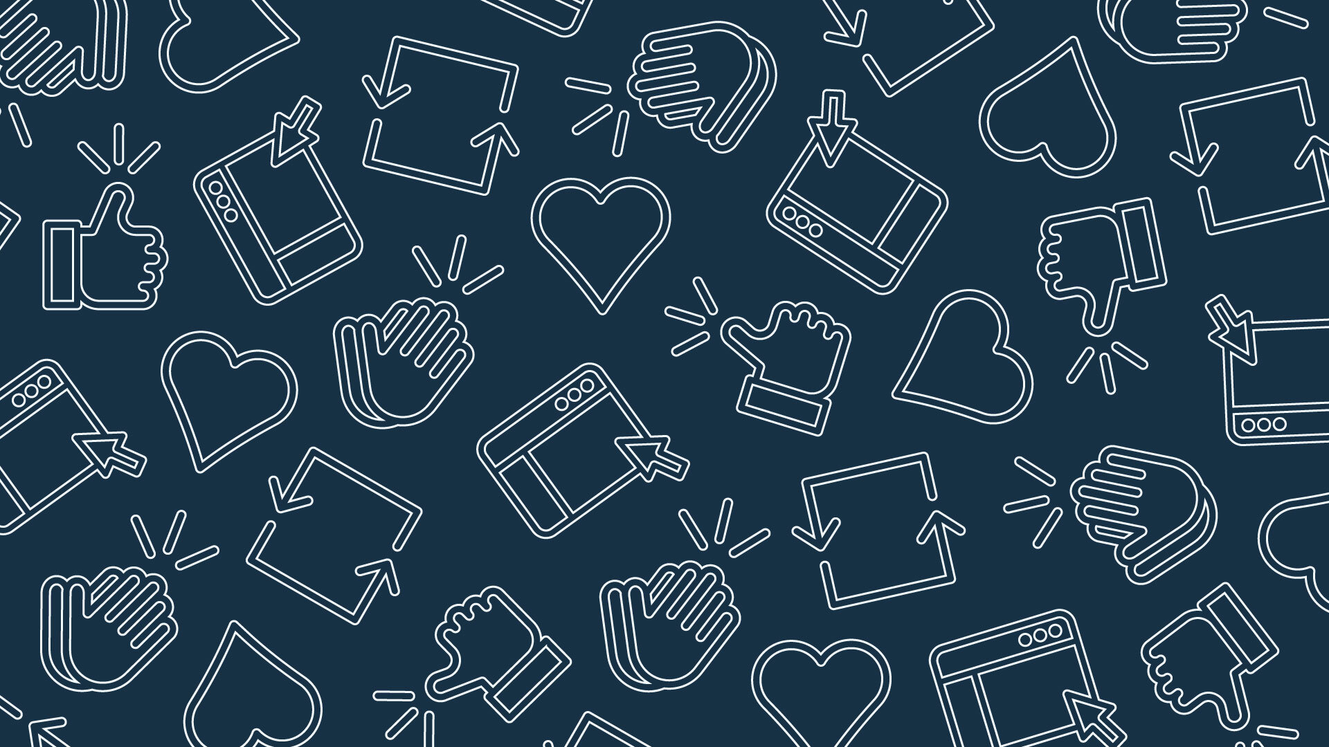 Illustration with hearts, thumbs up, and social media interfaces