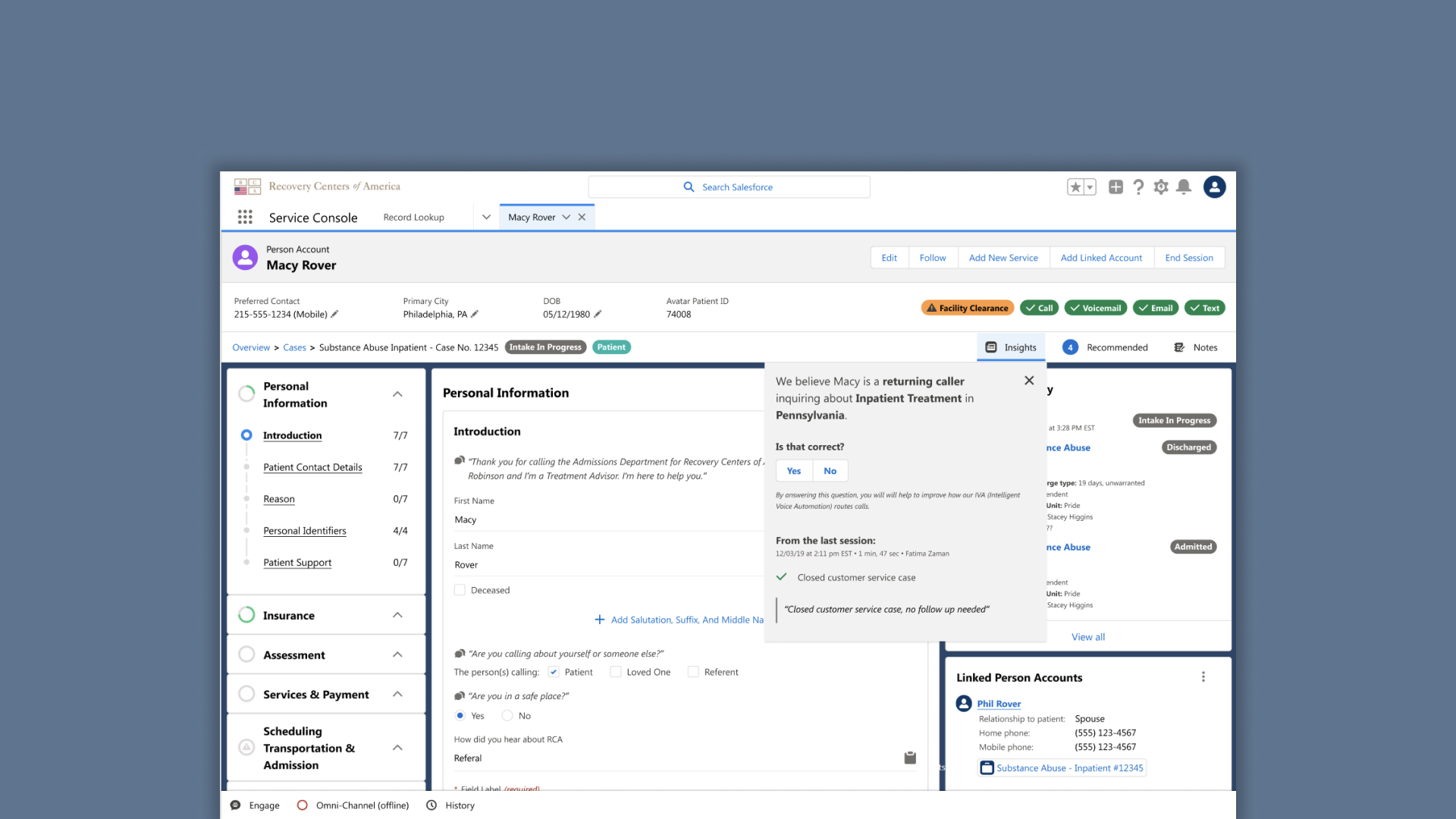 Customer profile and patient intake screen